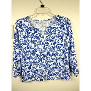Lands' End Women's XS Royal Blue Floral Slub Top Pleated Preppy Cottage Feminine